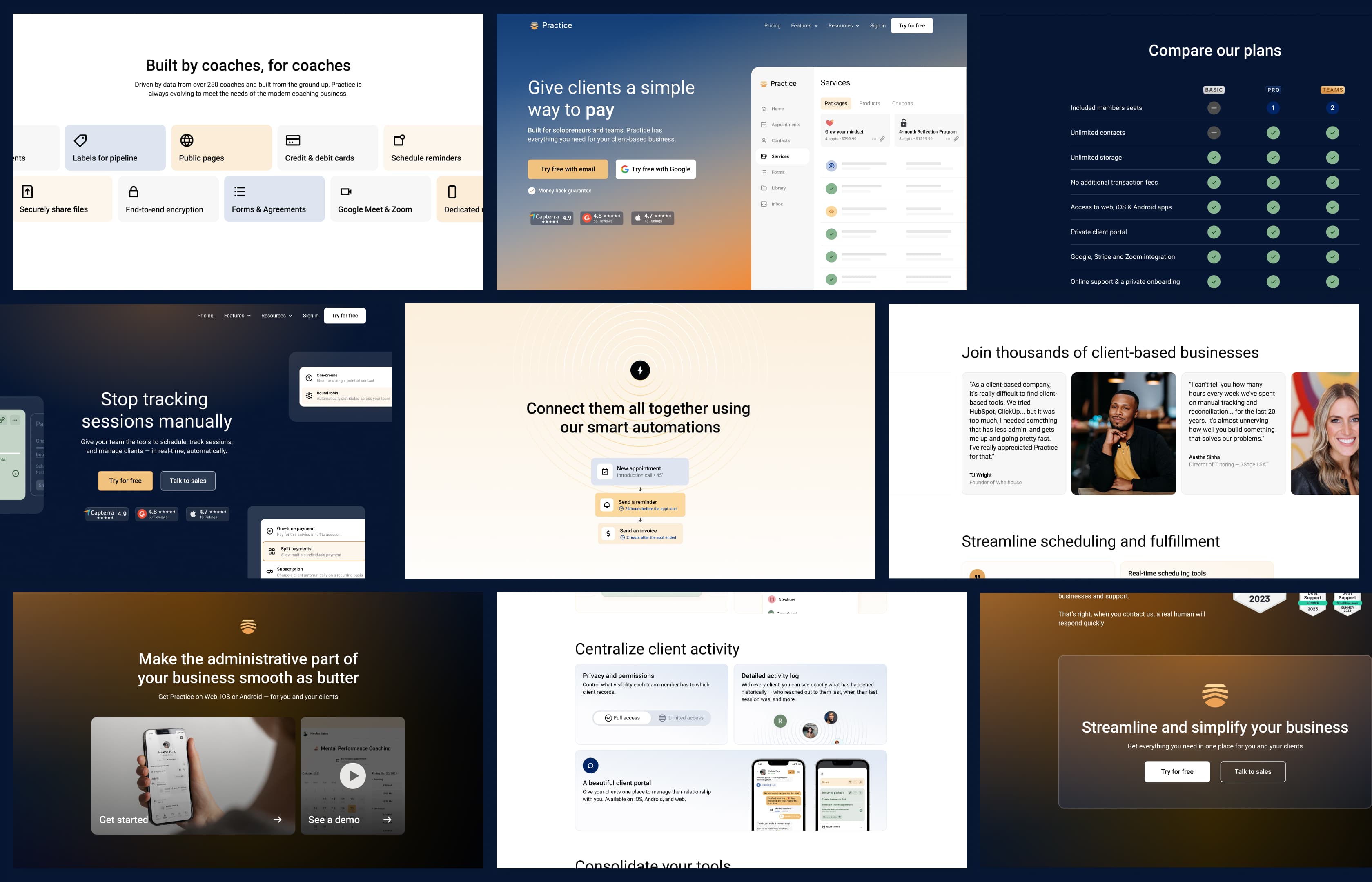 A preview of Practice interface: Public landing pages