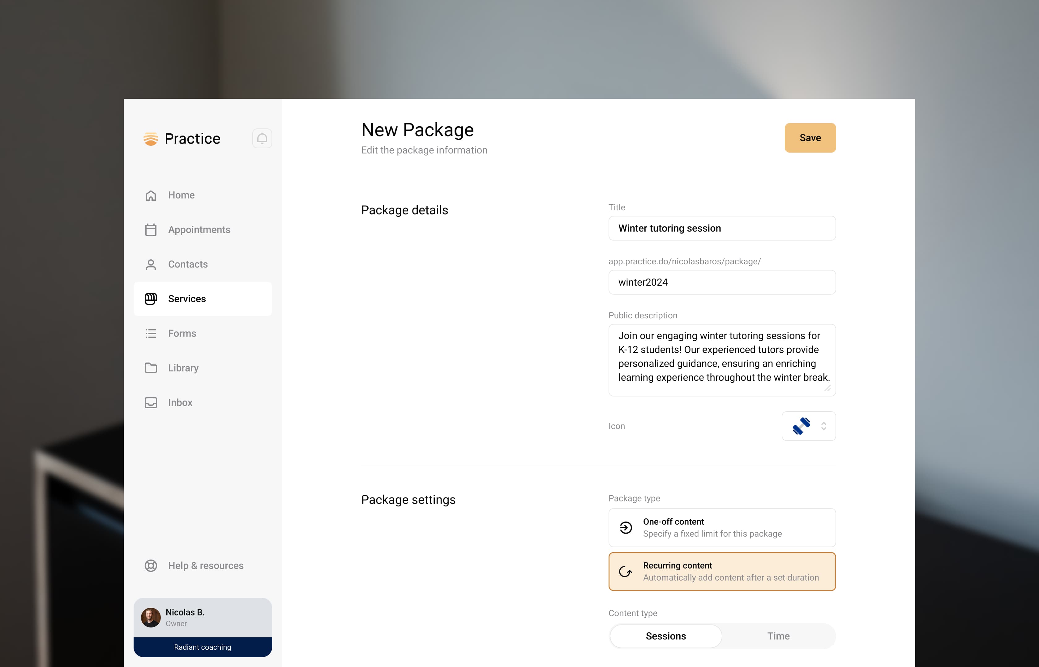 A preview of Practice interface: Package creation