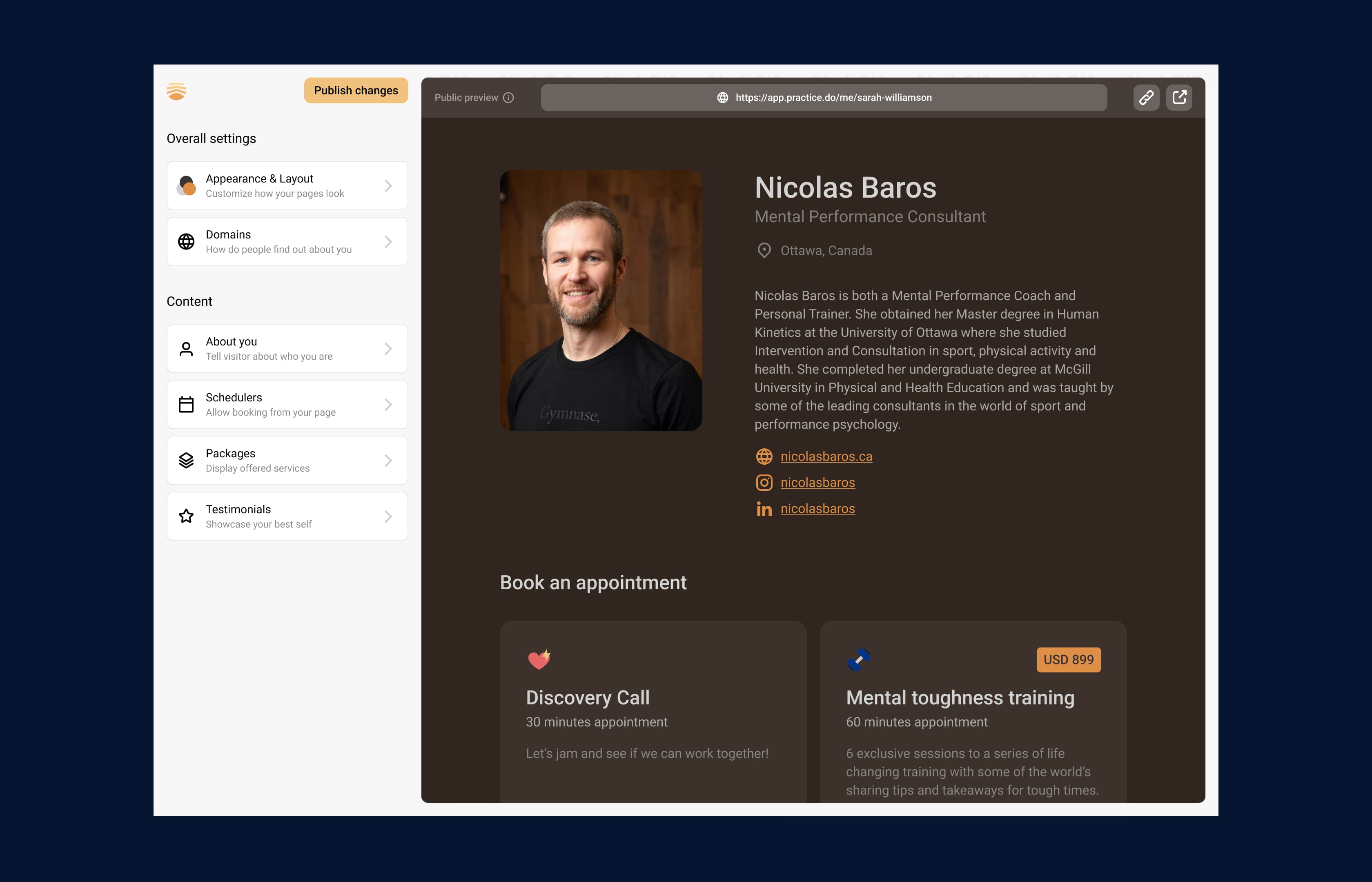 A preview of Practice interface: Public profile page