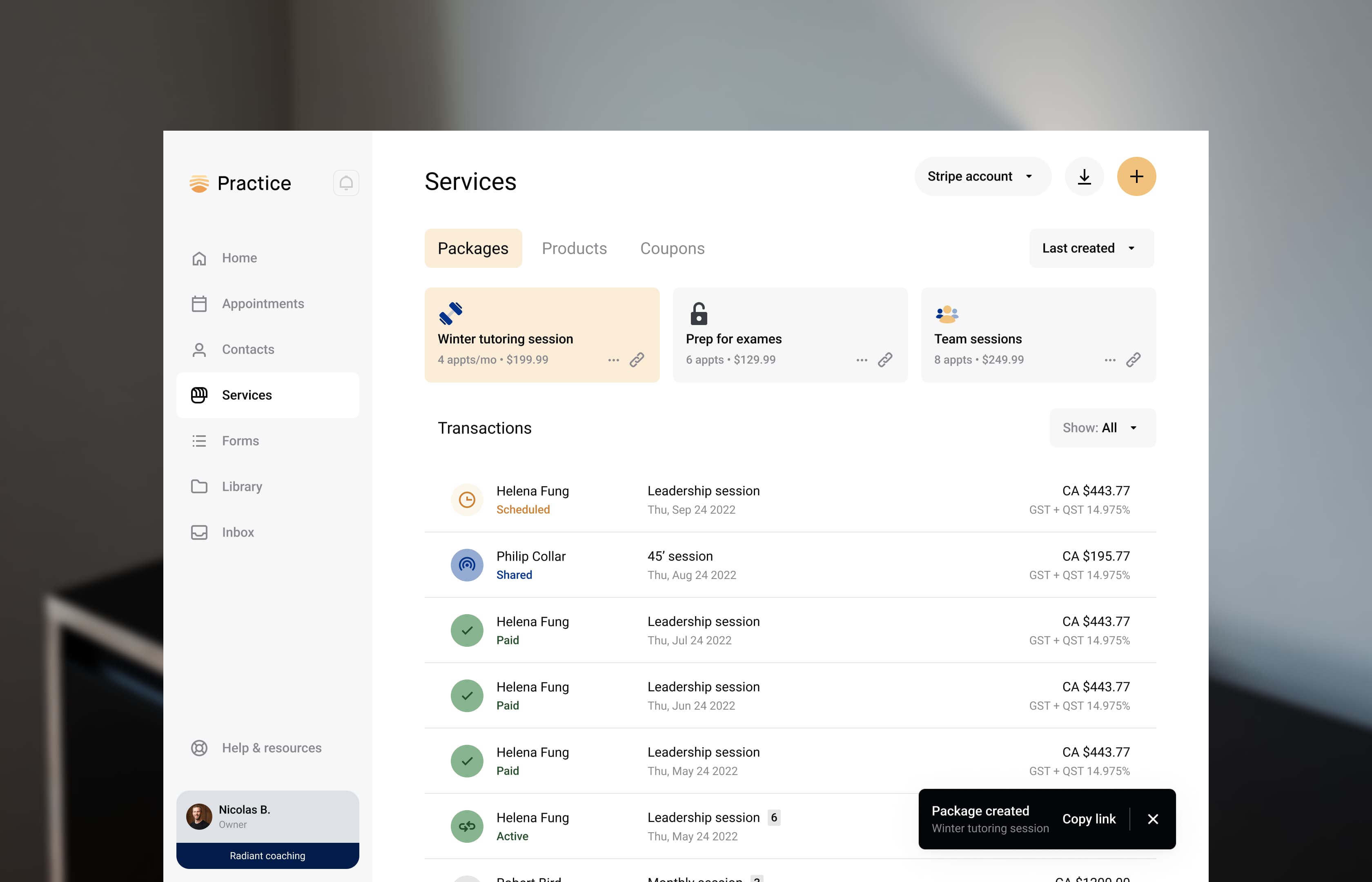 A preview of Practice interface: Services tab