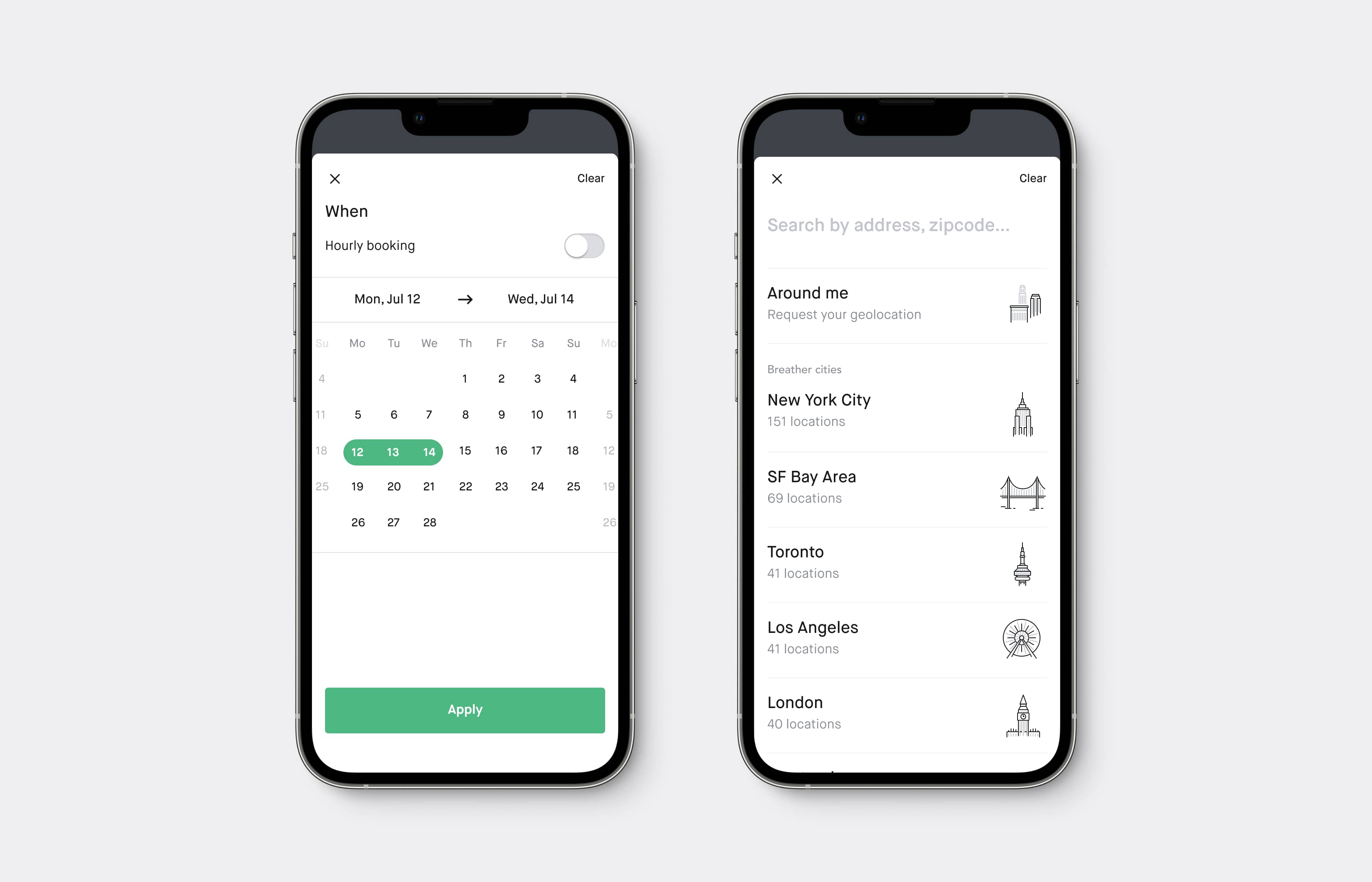 A preview of Breather: Search screen, mobile app