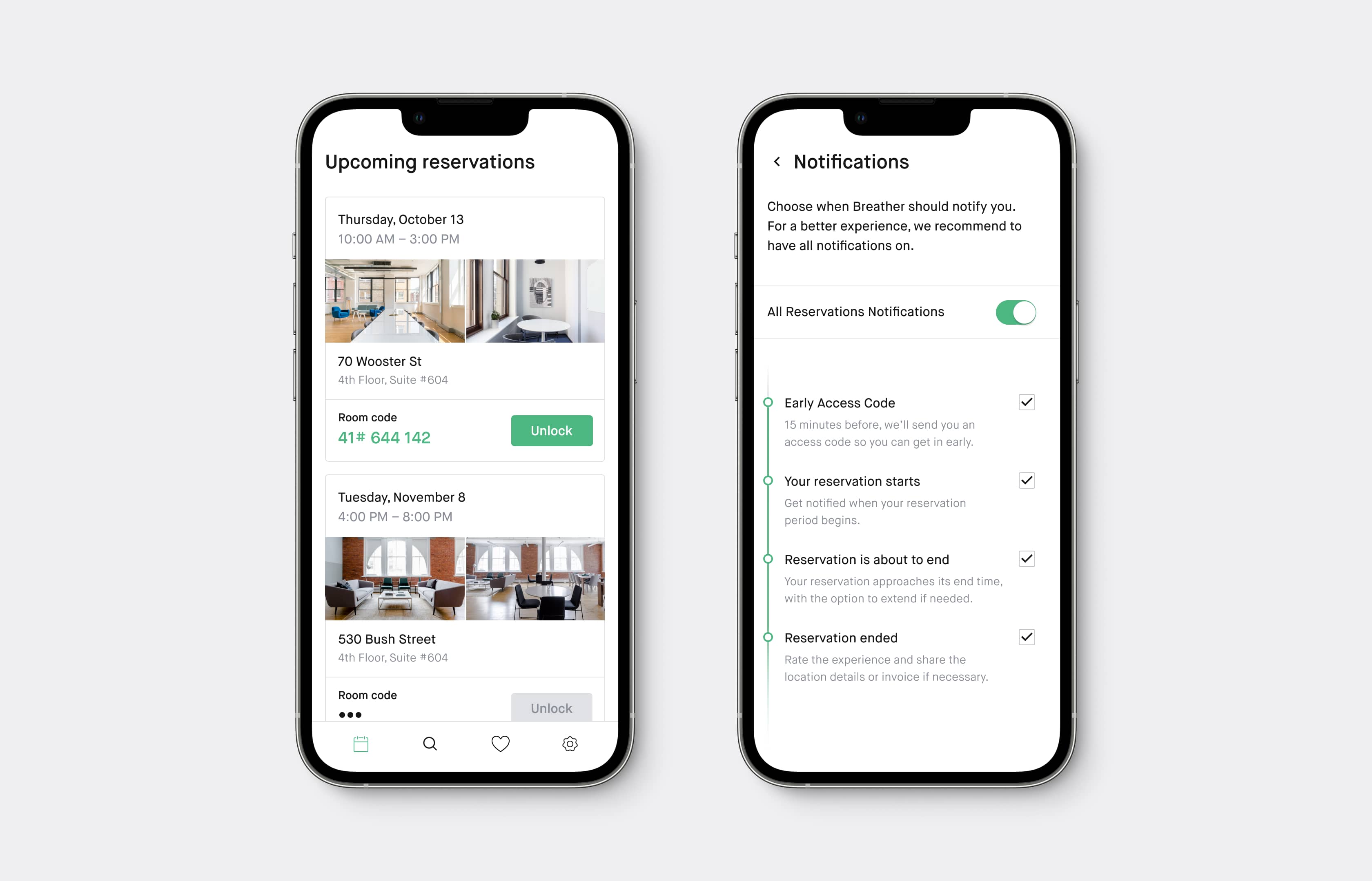 A preview of Breather: Reservation screen, mobile app